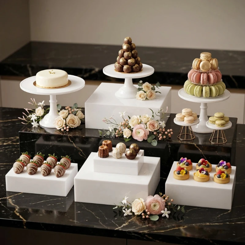 

8PCS White Food Riser Cake Cookie Breads Fruit Buffet Stand Wedding Dessert Table Centerpieces Candy Bar Pastry Display Holder