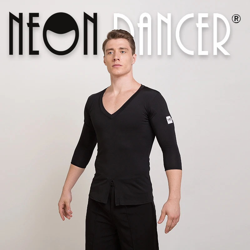 

Неоновая танцовщица, новая мужская одежда для латинских танцев, черная одежда с v-образным вырезом и средними рукавами, тренировочная одежда для латинских танцев, мужские топы для латинских танцев