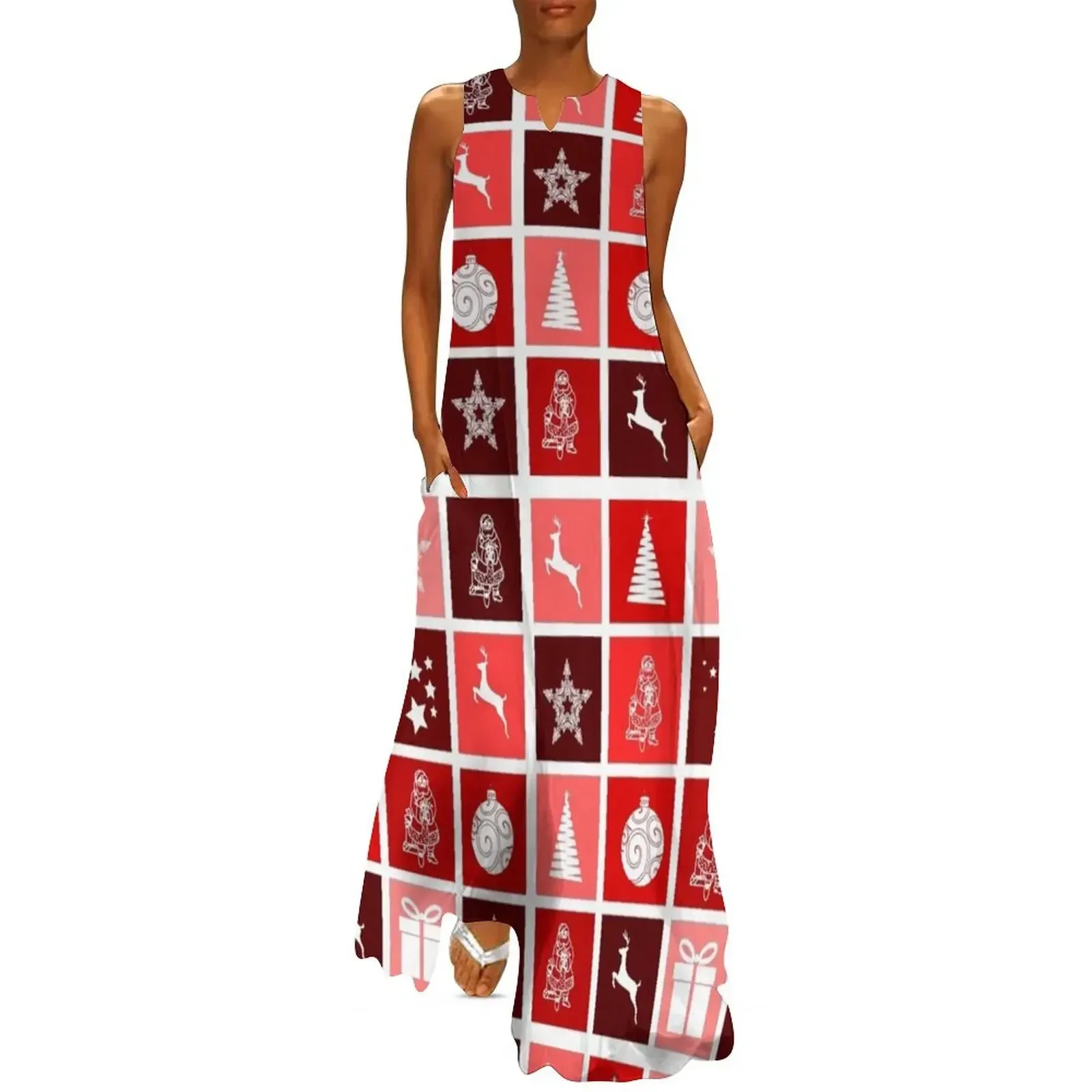 

Christmas multi blocks pattern; colorful seasonal images Long Dress women evening dress Dress