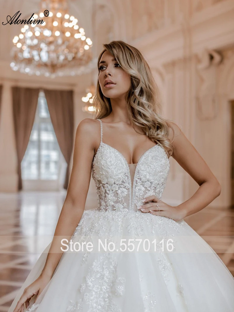 Alonlivn Silky Tulle Sweetheart A-Line Wedding Gowns Sleeveless Beading Pearls Appliques Lace Spaghetti Straps Wedding Dress