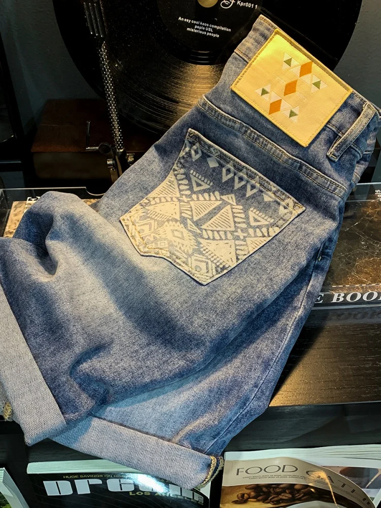 High-End Men's Summer Shorts Men's Fashion Printing Straight-Leg Denim Fifth Pants2024New Stretch Capri Pants