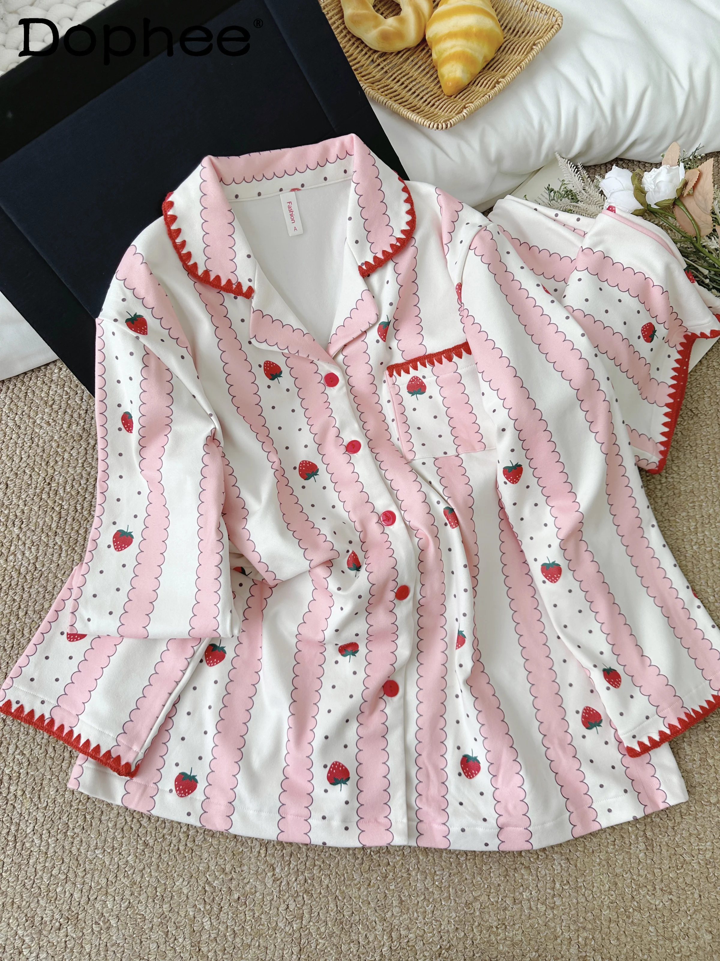 

Sweet Strawberry Print Autumn Winter Women's Thermal Pajamas 2025 New Home Wear Long Sleeve Long Pants Warm Set