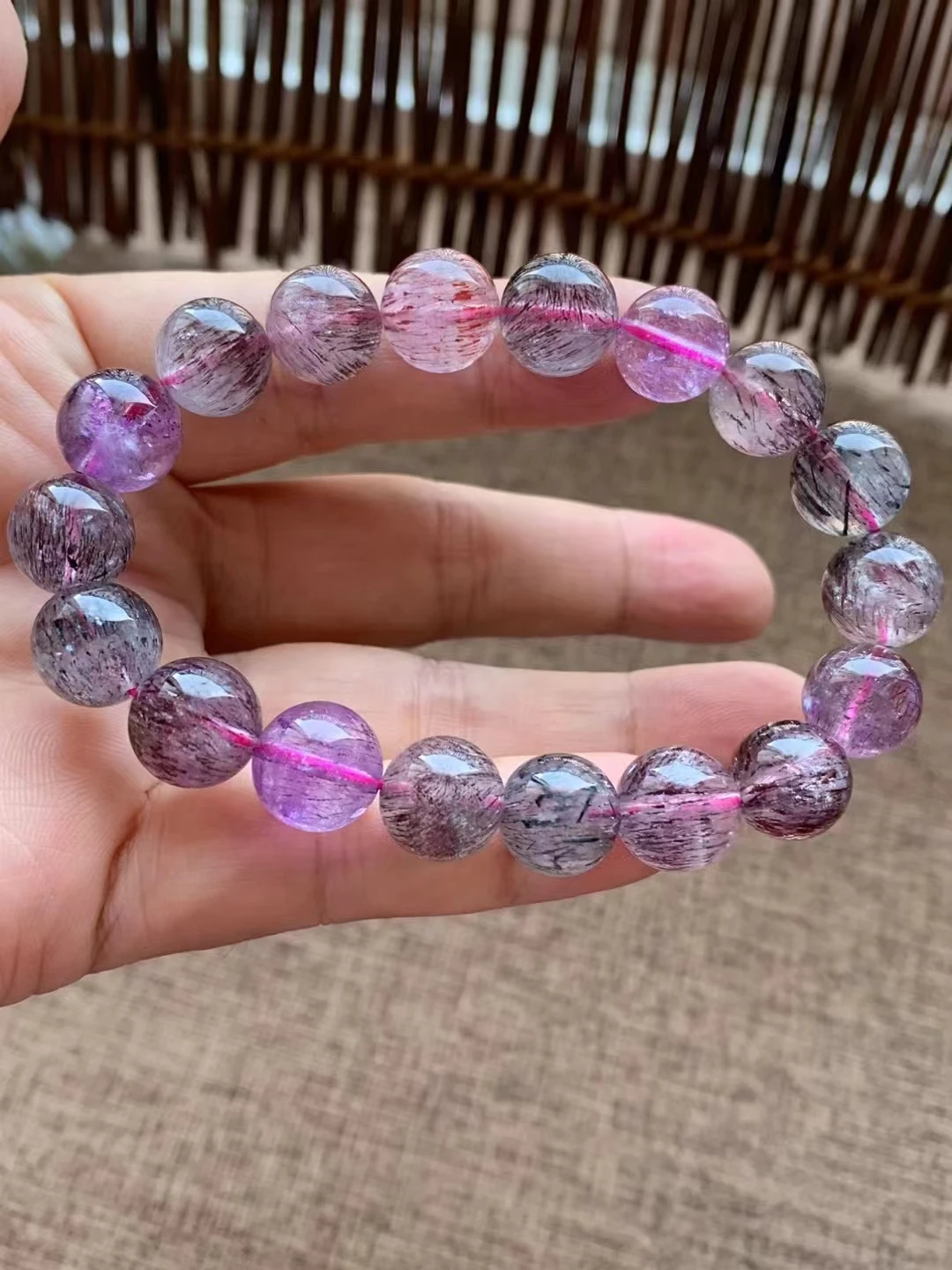 Natural Purple Super Seven 7 Lepidocrocite Quartz Bracelet 11mm Clear Round Beads 14.3mm Women Men AAAAAAA