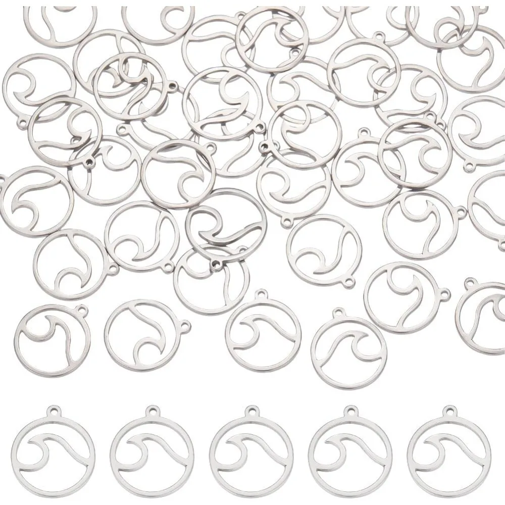 

40 шт., волнистый кулон, плоский круглый с волнистыми подвесками из нержавеющей стали, подвеска в виде океана, гипоаллергенные подвески для любителей активного отдыха, серфинга