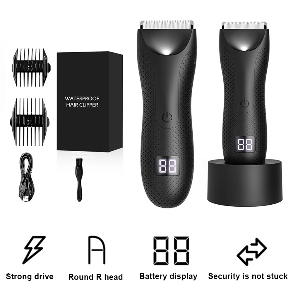 Body Hair Trimmer Rechargeable Groin Hair Trimmer Ceramic Blade Electric Shaver with 2 Guide Comb Body Groomer for Men