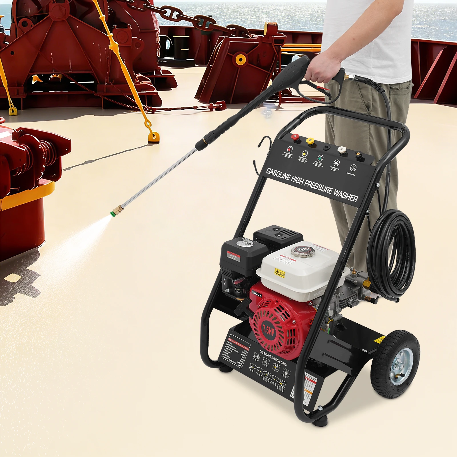 7,5 PS, 2200 PSI Hochdruckreiniger, 3400 U/min, benzinbetriebene Reinigungsmaschine mit 5 Düsen für Hof, Auto, geräuscharm, Handzugstarter – Detail 4