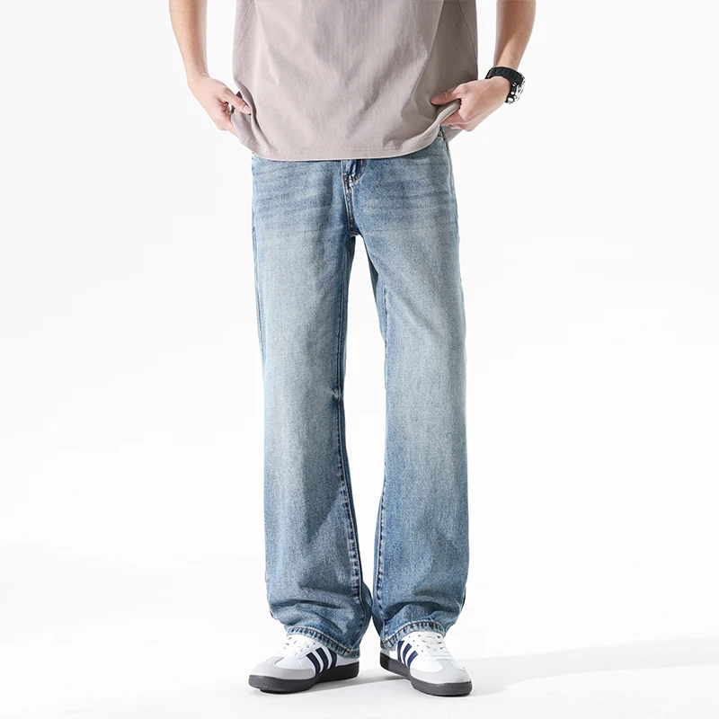 

Autumn/Winter American Retro Distressed Washed Denim Jeans for Men Casual Regular Straight-Leg Lounge Pants Plus Size 40 Simple