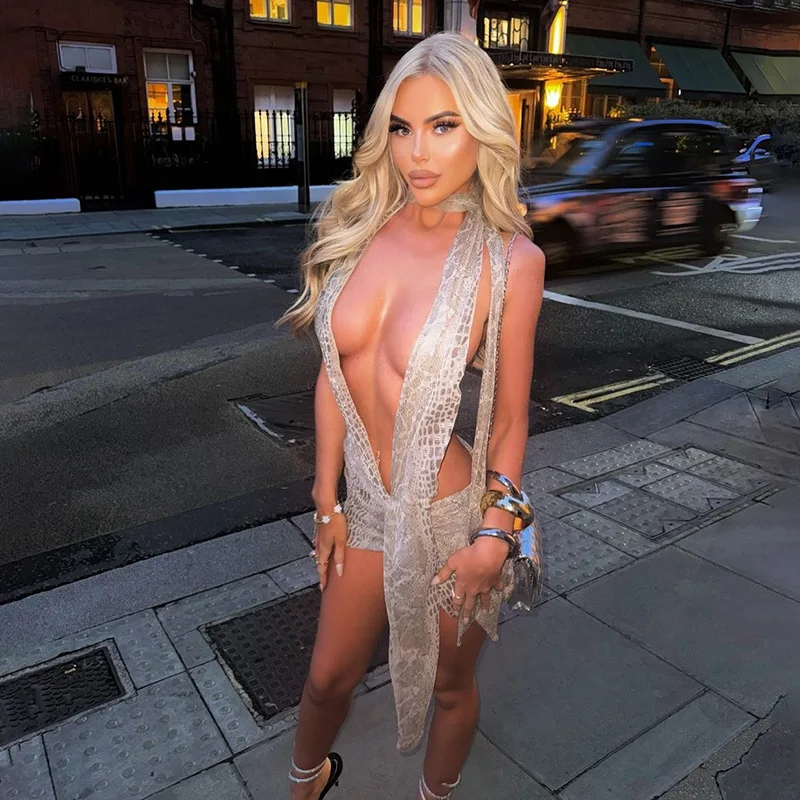

Snake Print Women Dress Sexy Stunning Halter Asymmetrical Sleeveless Deep V-Neck Backless Short Mini Bodycon Dress