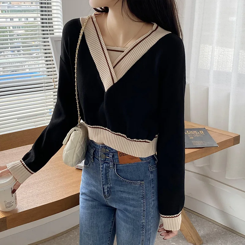 2022 Fashion Panelled Women Sweaters Vintage Loose V-Neck Long Sleeve Knitted Tops New Korean Female Clothes