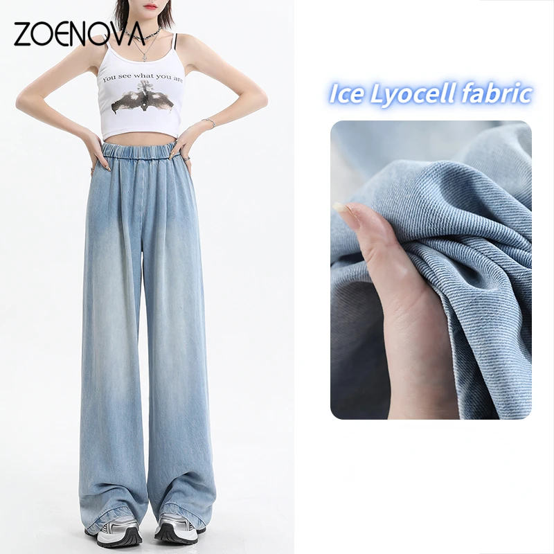 ZOENOVA Summer Y2K Lyocell Women\'s Jeans High Waist Straight Fashion Denim Pants Streetwear Casual Female Wide Leg Denim Trouser