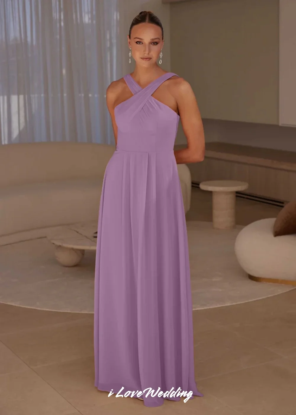 

Crisscross Neck Evening Dress Chiffon Pleated Long Formal Party Bridesmaid Dress For Women A-Line Sleeveless Zipper Customized
