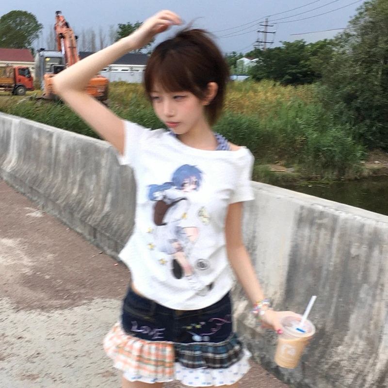 Karrram Japanese Y2k Fake Two-piece Tops 2000s Style Anime Print T-shirt Vintage Harajuku Short Sleeve Crop Top Kawaii Cutecore - view 6