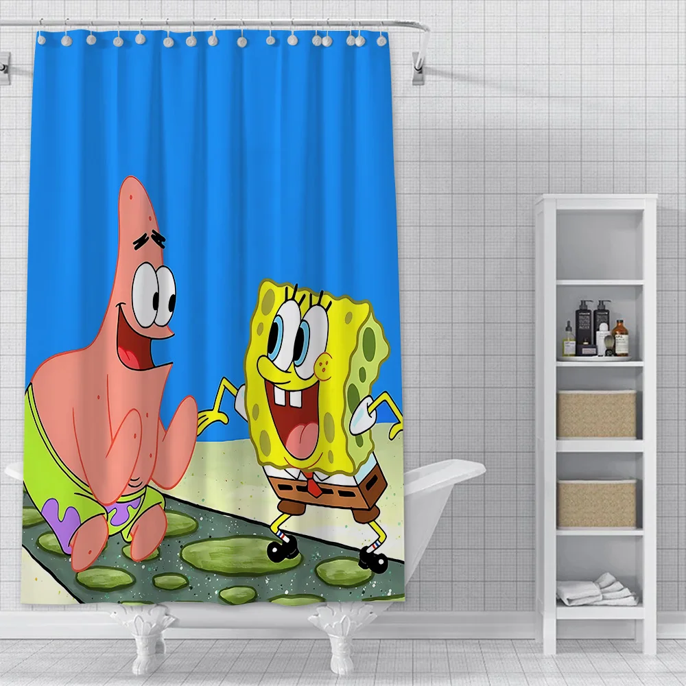 Funny Cartoon S-SpongeBob SquarePants  Shower Curtain Waterproof Polyester Fabric Paint Colorful Bath Curtains Curtain With Hook