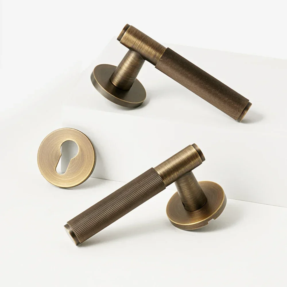 DOOROOM New Brass Knurled Door Lock Handle Set Privacy Dummy Black Gold Interior Bedroom Bathroom Double Wood Door Lever Indoor