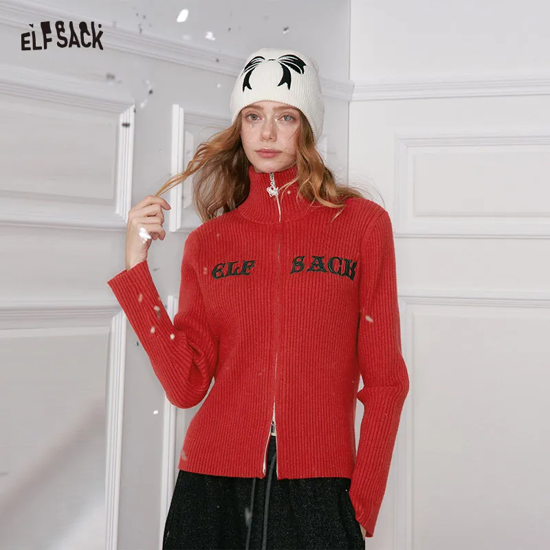 

ELFSACK 2025 Winter Women Angora Knit Cardigan High Neck Punk Dual Zip Jacket Minimalist Leather Letter Embroidery Knitwear