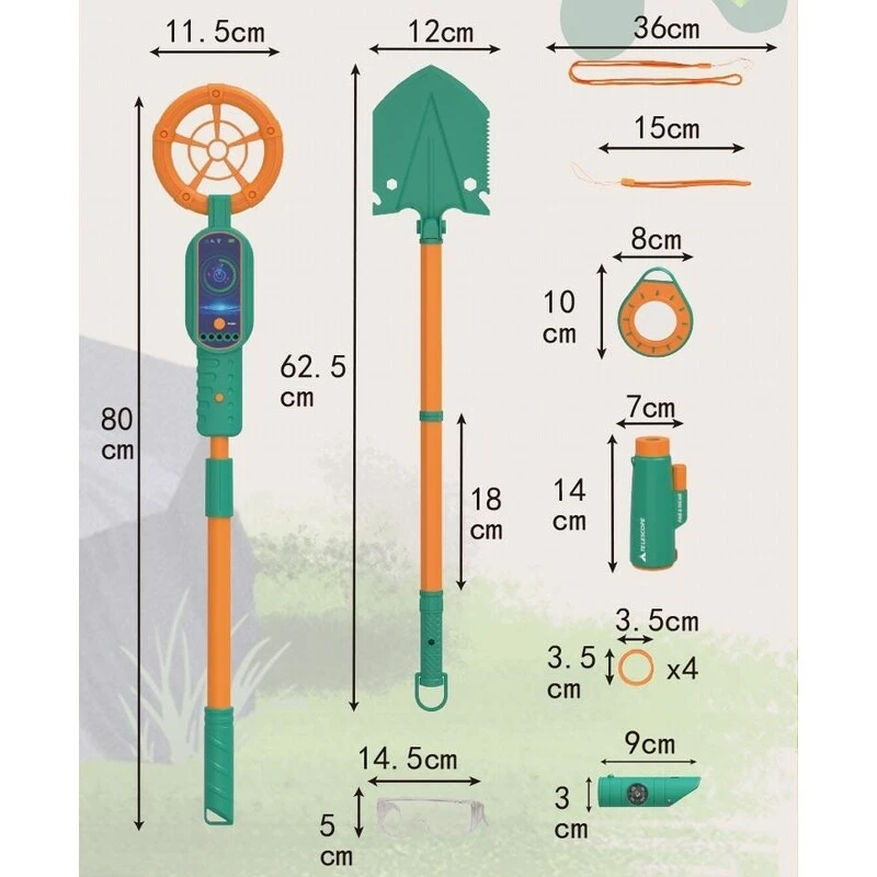 Treasure Hunting Set: Basic Metal Detector, Sand Shovel, Telescope, Magnifying Glass, Observation Adventure, Outdoor Toy