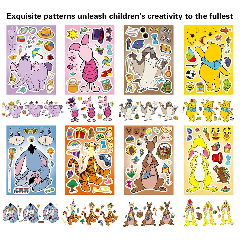 

8/16sheets Disney Winnie The Pooh Puzzle Stickers Cute Tigger Piglet Cartoon Make a Face DIY Assemble Jigsaw Decals for Kids Toy