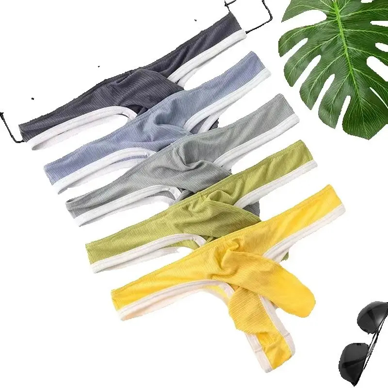 Men's Erotic Panties Ribbed Ice Silk Breathable Quick Dry Comfy Sports T Back Thongs Gay Elephant Nose Sweat Absorbing G-strings