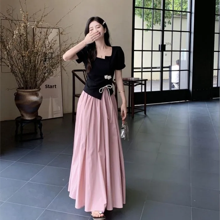 

Elegant plus Size Women's Fashion Set Short Sleeve Skirt And Top Slimming Half-length Summer Outfit Two-piece Ensemble