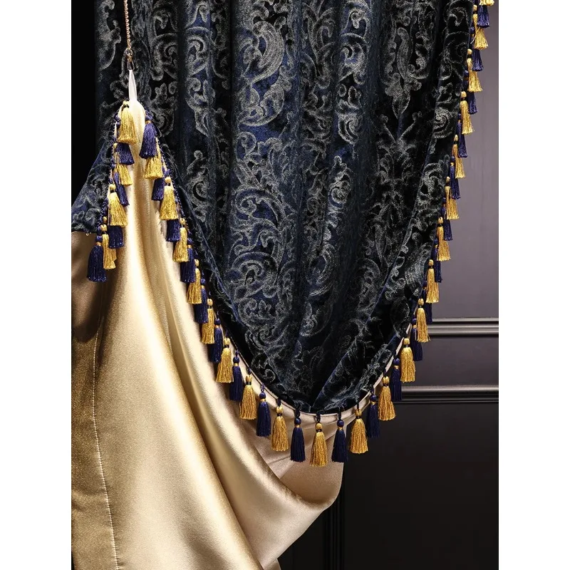 French Light Luxury Blue Velvet Stamping Blackout Luxury Curtains for Living Dining Room Bedroom American Window European