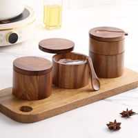 Acacia Wood Salt Jar with Spoon Solid Wood Seasoning Box Pepper Box Kitchen Seasoning Bottle Salt Box  Storage Seasoning Jar