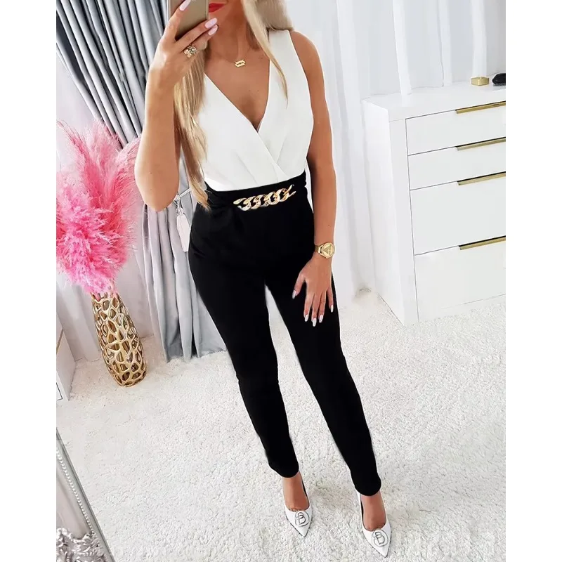 Deep V-Collar Contrast Color Jumpsuit Women Sleeveless Sexy High Waist Chain Summer Spring Overall Pants Jumpsuits