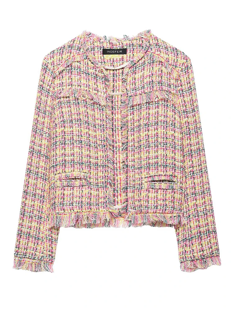 Elegant Women’s Tweed Fringe Blazer 2026 Spring Autumn Female O-Neck Long Sleeves Multi-Color Plaid Cropped Jacket Outerwear