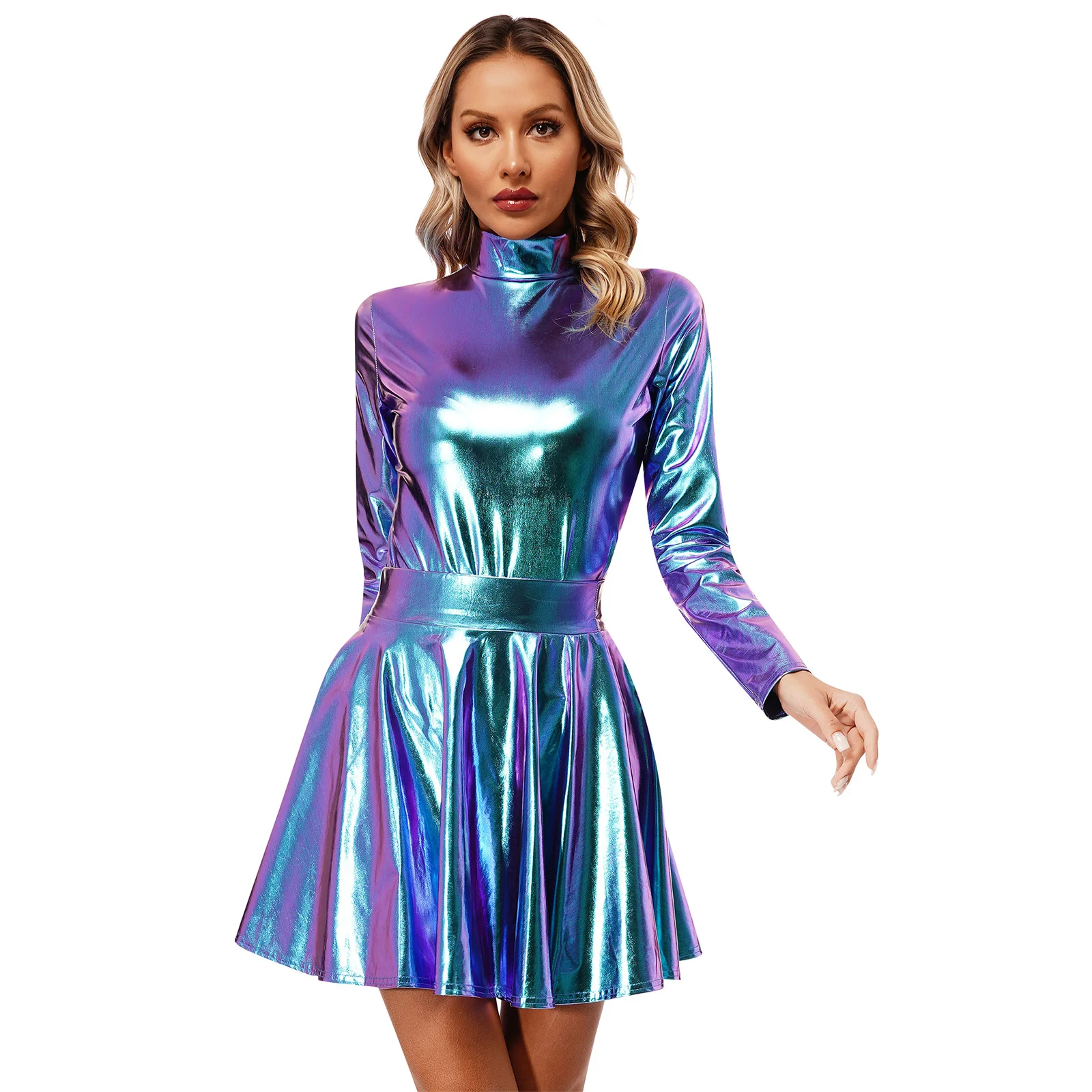 Womens Shiny Metallic Dress Long Sleeve Leotard with High Waist Flare Skirt Rave Party Clubwear Stage Performance Cotumes