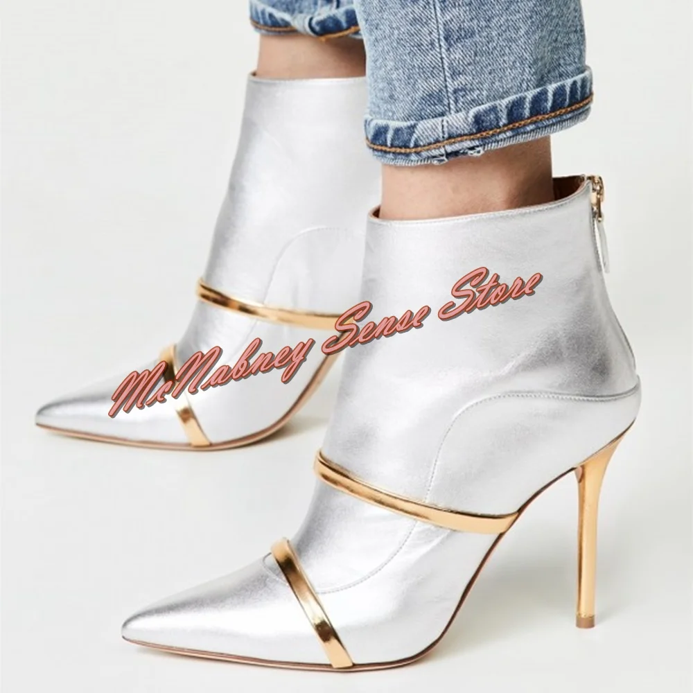 

Silver Pointy Toe Stiletto Boots Gold Strap Thin High Heels Short Shoes Solid Leather Side Zipper Boots Women Spring Party Dress