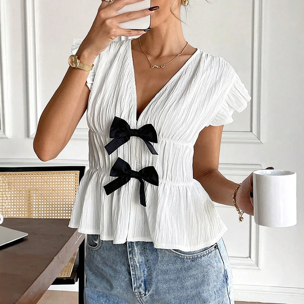 

Blouses Spring Summer K Fashion Skinny Fit Bowknot Patchwork Butterfly Sleeve V-Neck Top For Women