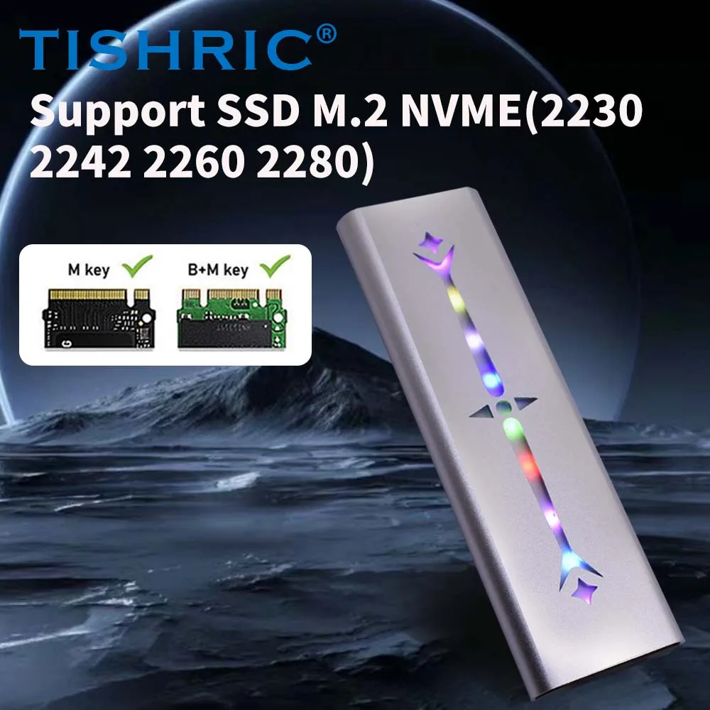 

TISHRIC RGB SSD M2 NVME Enclosure 10Gbps Aluminum Alloy M/B+M Key USB3.0 To Type C External HD Case For M.2 2230 2242 2260 2280