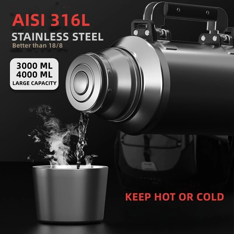 Stainless Steel Thermos Bottle, Vacuum Flask, Large Capacity, Outdoor Portable Thermal Jug, Insulated Water Bottle, 3.0L, 4.0L