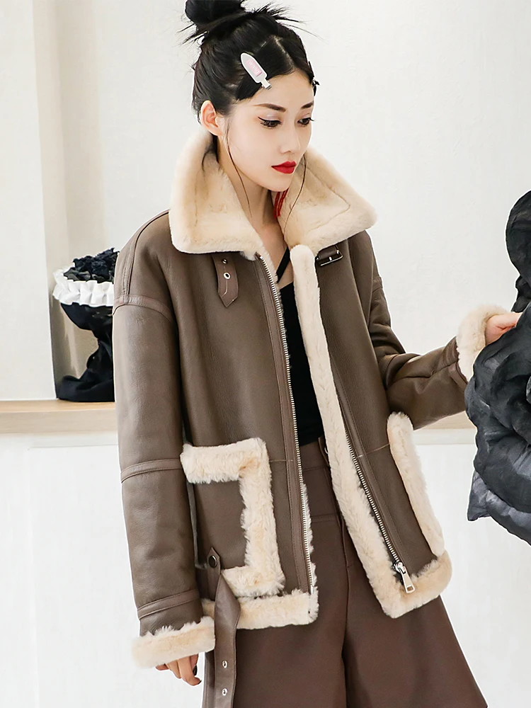 Women Casual Motorcycle Biker Winter Thick Warm Shearling Coat Loose Fit Real Fur Overcoat Wool Lining Genuine Leather Jacket