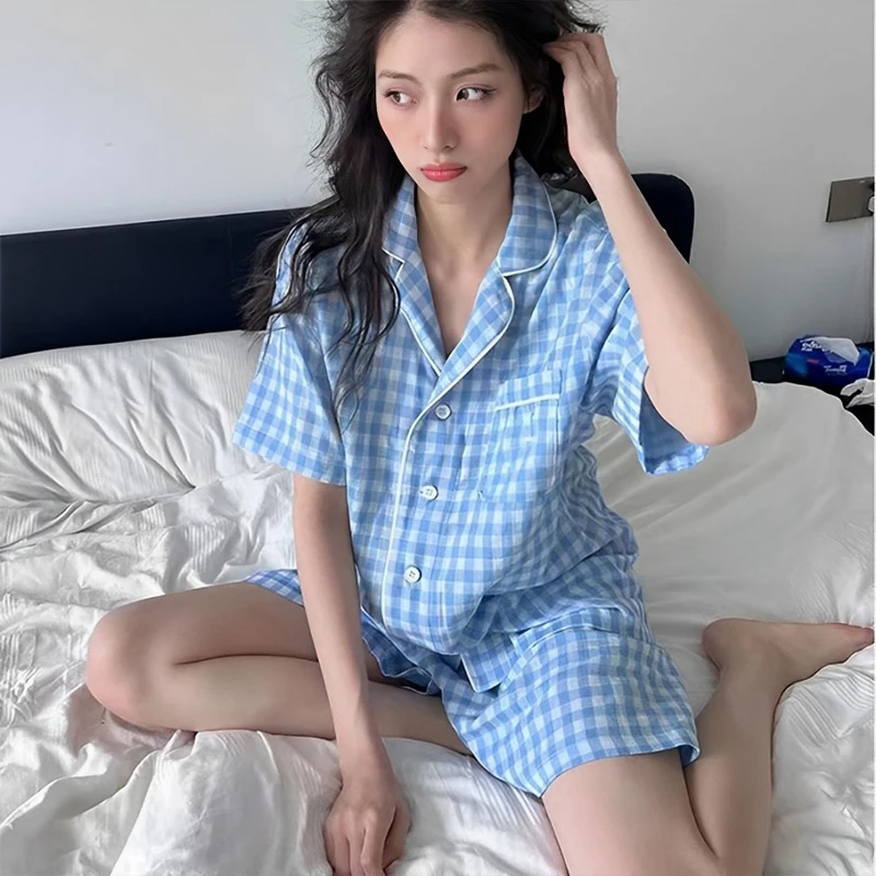 Korean Fashion Ins Sle Sweet Plaid Pajamas Women's Summer Short Sleeve Shorts Student Online Pink Cute Homewear Set