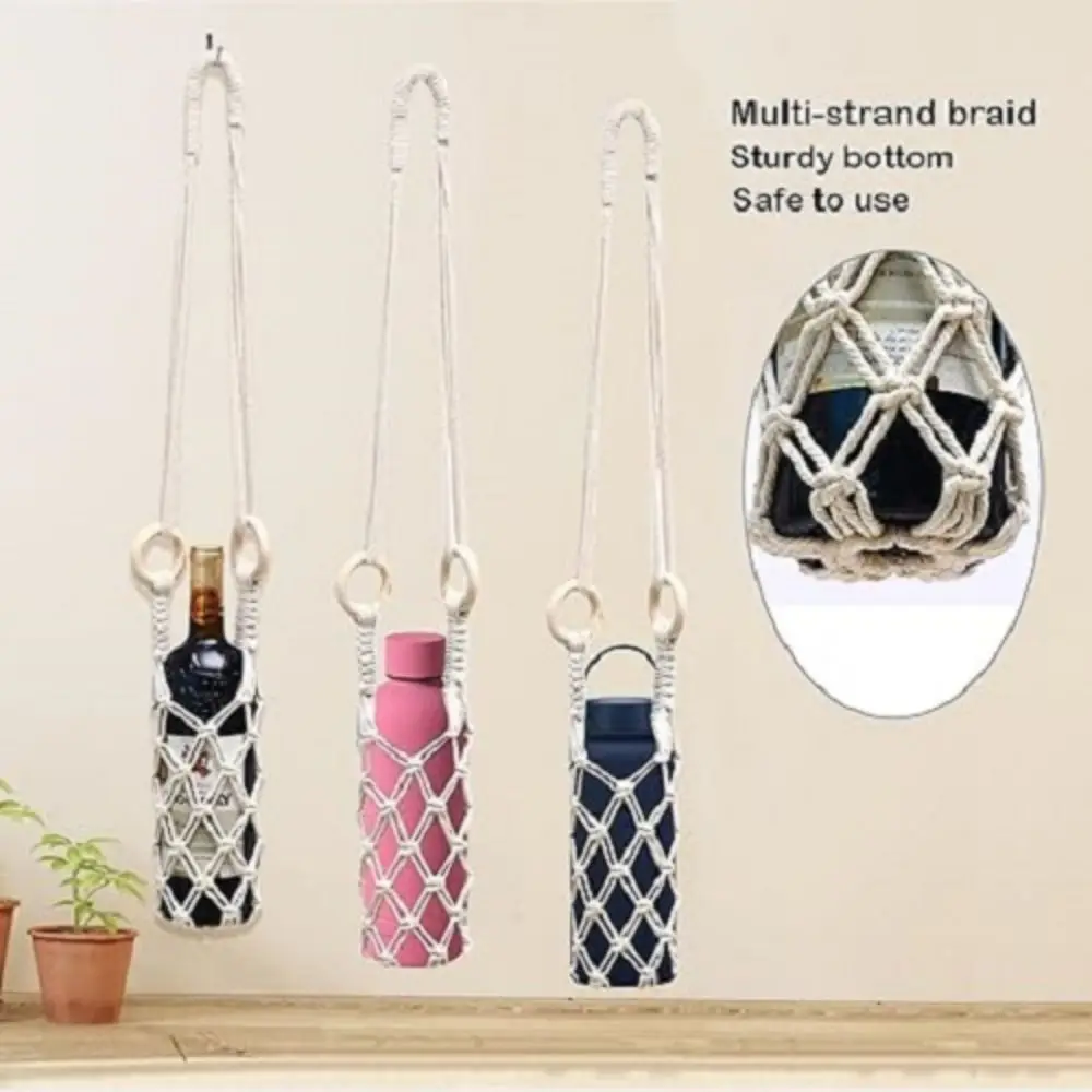 Bohemian Hanging Bottle Net Bag Hand-woven Decorative Knitting Water Bottle Holder Cotton Rope Hollow Out Coffee Cup Holder