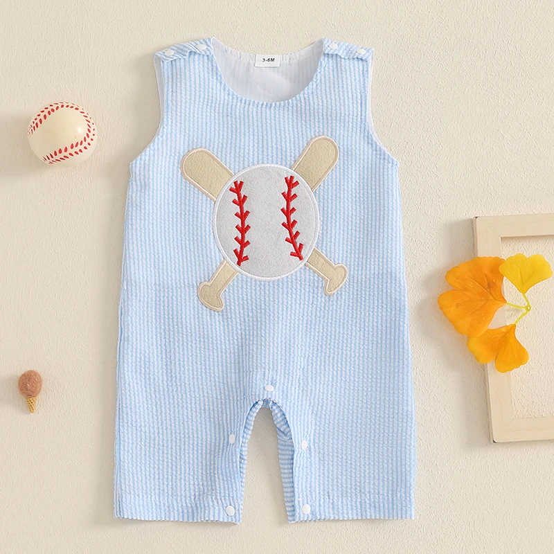 Summer Newborn Baby Boys Casual Rompers Cute Plaid Baseball Embroidery Sleeveless Round Neck Jumpsuits Overalls Clothes