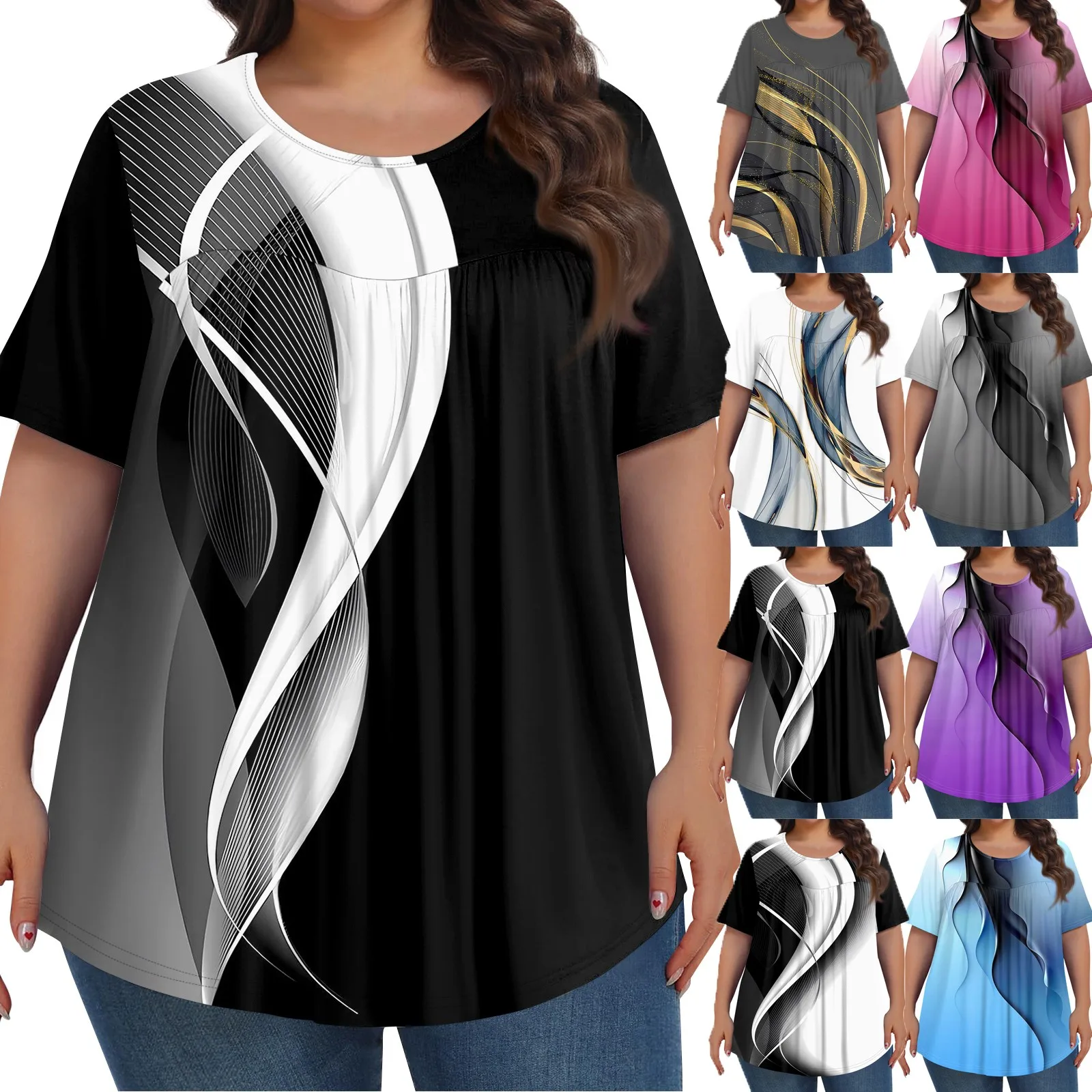 

Oversized Fashion Casual Color Splicing Round Neck Short Sleeve Top Womens Plus Size Comfortable Versatile T-shirt