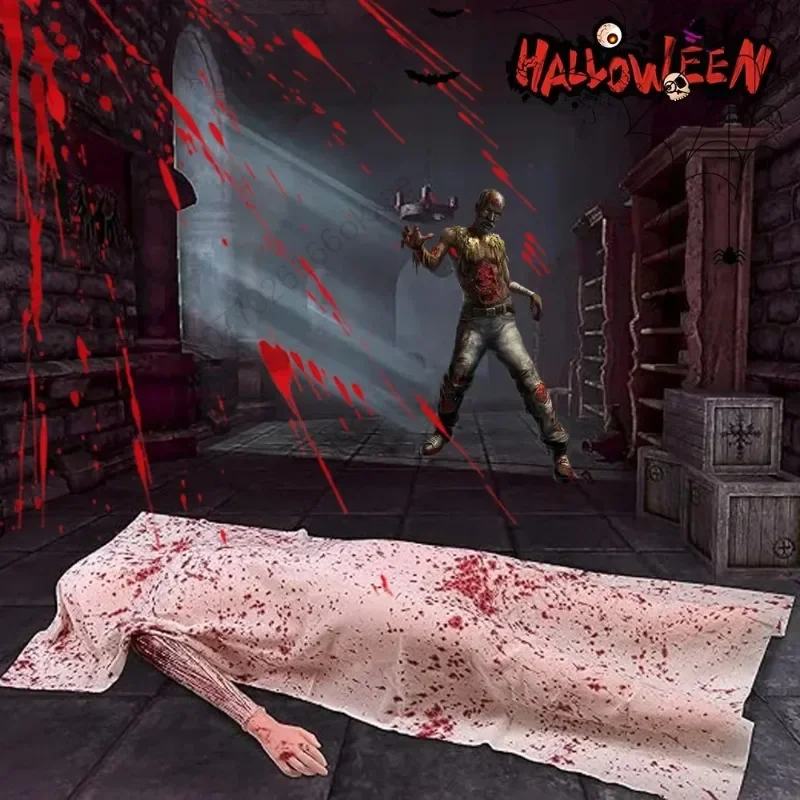 

Halloween Decor Lying Inflatable Corpse Prop with Caution Tape Mannequin for Haunted House Horror Isolation Room Party Use