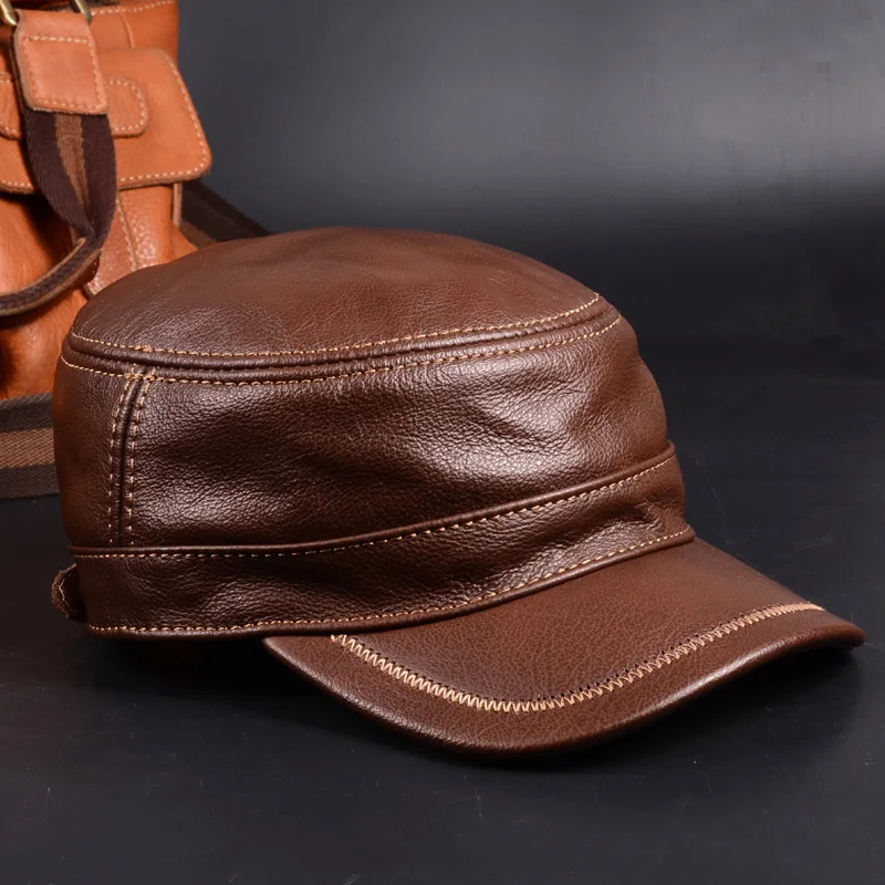 Hat Men Winter Male Genuine Leather Quality Cowhide Casual Thin Flat Top Cap Hombre Black Brown Solid Color Trucker Casquette