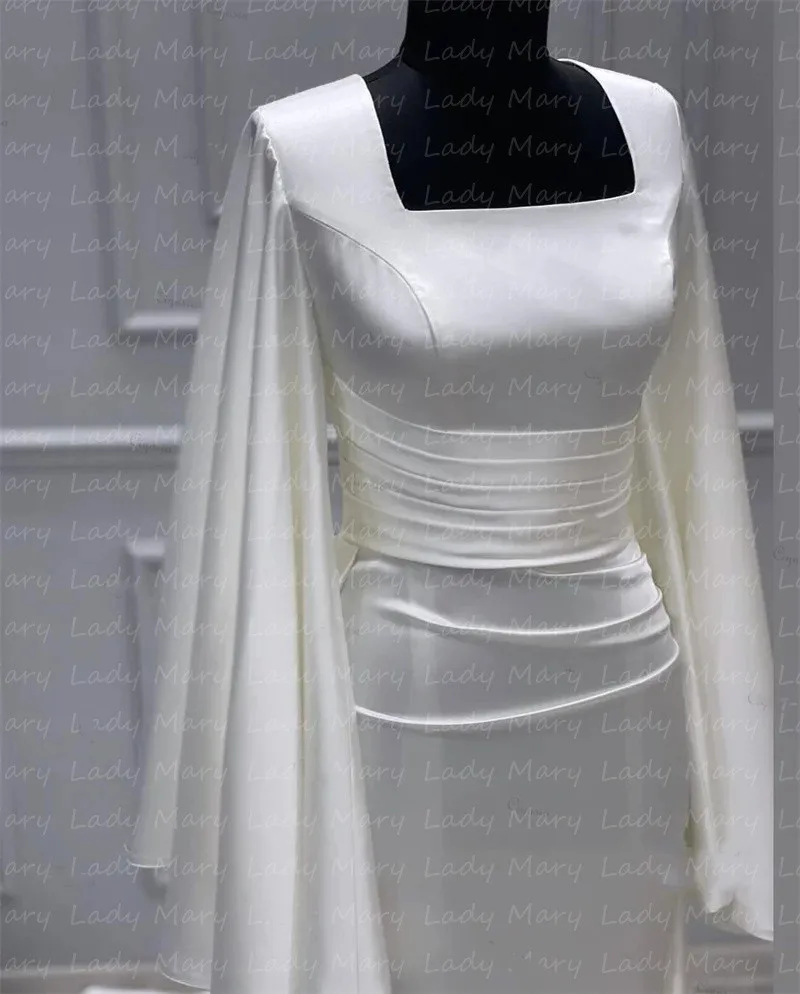 Elegant Customized Square Neck Muslim Wedding Gowns Satin Full Sleeves Sweep Train Formal Bridal Gowns Robe De Mariée