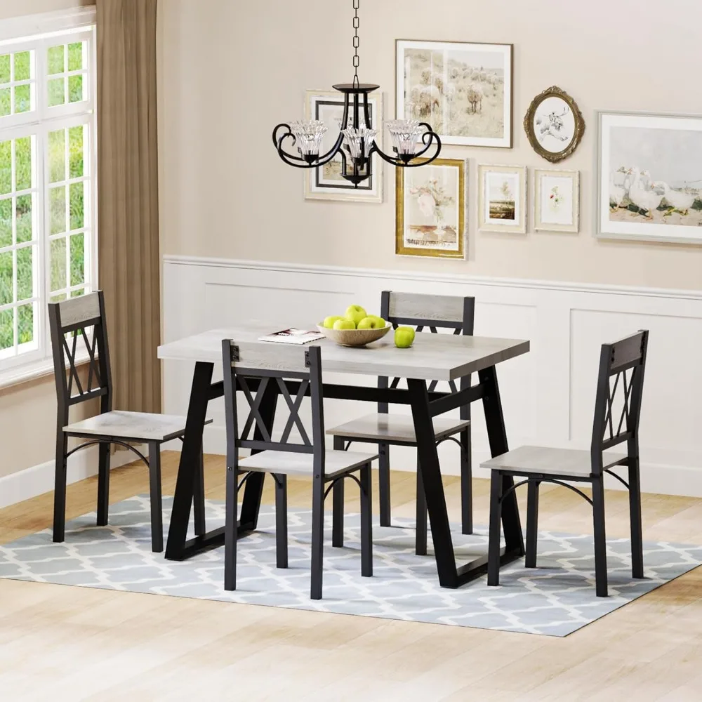 Dining Room Table Set for 4, 5-Piece Farmhouse Kitchen Table Set, Thickened Metal Frame with Wood Top, Kitchen Table and Chairs