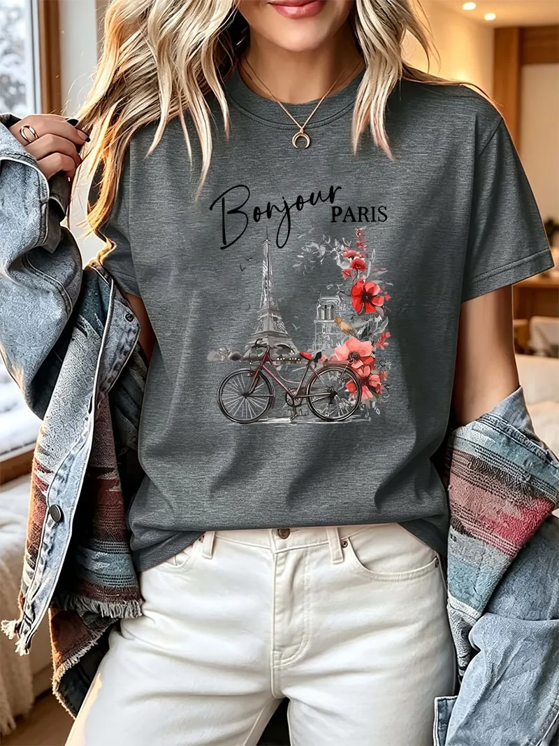 Y2k Bonjour Paris Graphic T Shirt Eiffel Tower Bicycle Floral Print Short Sleeve Tee Casual Crew Neck Ladies Oversized T-shirt