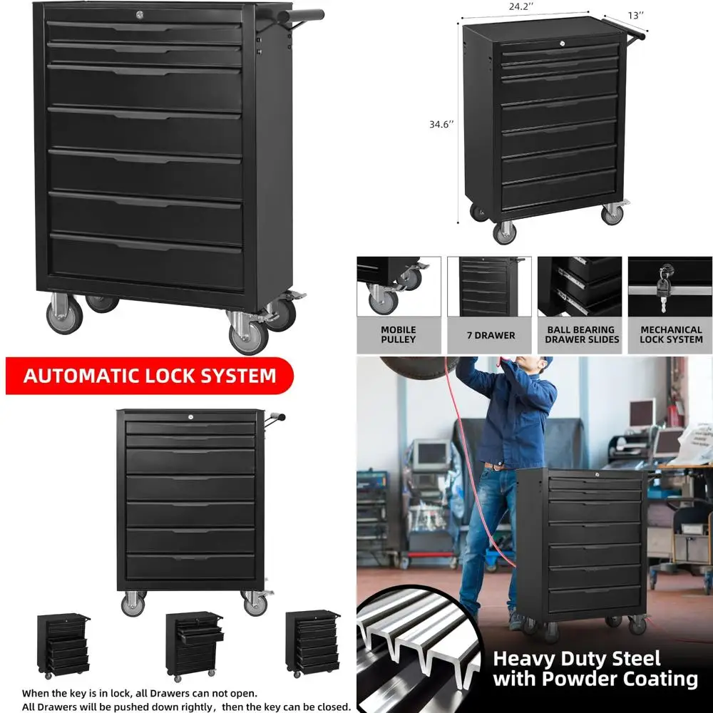 

Large Capacity Metal Rolling Tool Chest with 7 Drawers, Keyed Lock, and Wheels for Efficient Storage Organization