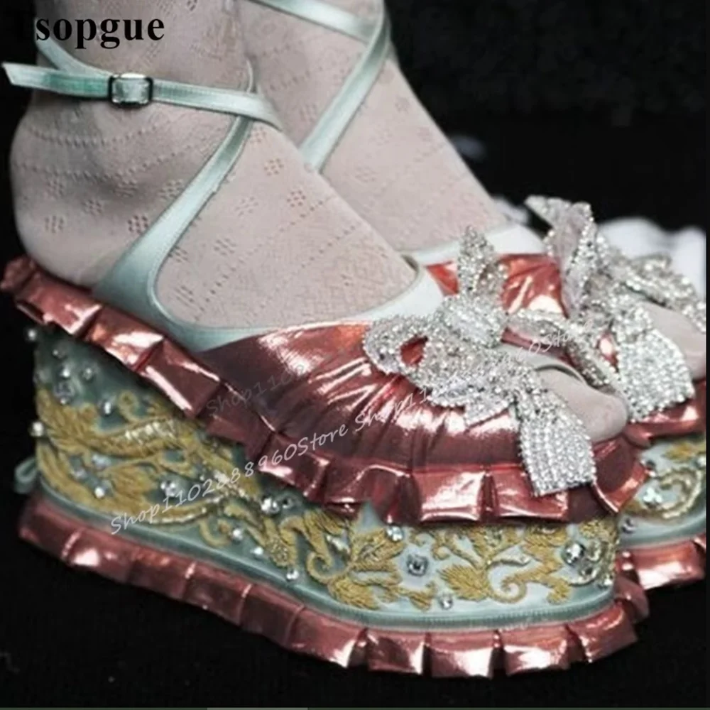 

Catwalk Mixed Thick Soled Ruffles Sandals Flat With Women Shoes Ankle Buckle Strap Round Toe Gorgeous Luxury Women Sandals