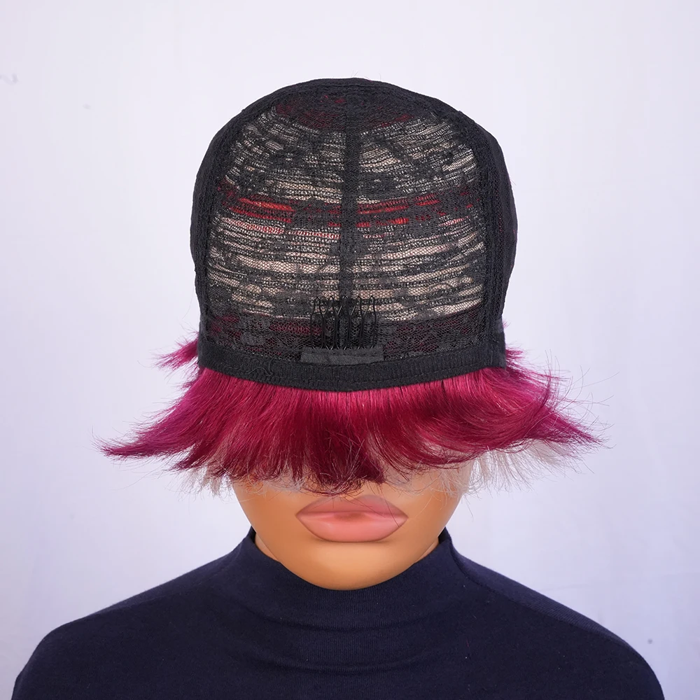 赤いハイライト入りブラジル人毛ショートピクシーカットウィッグ鮮やかなカラフルなレイヤードバングフルマシンメイドウィッグ