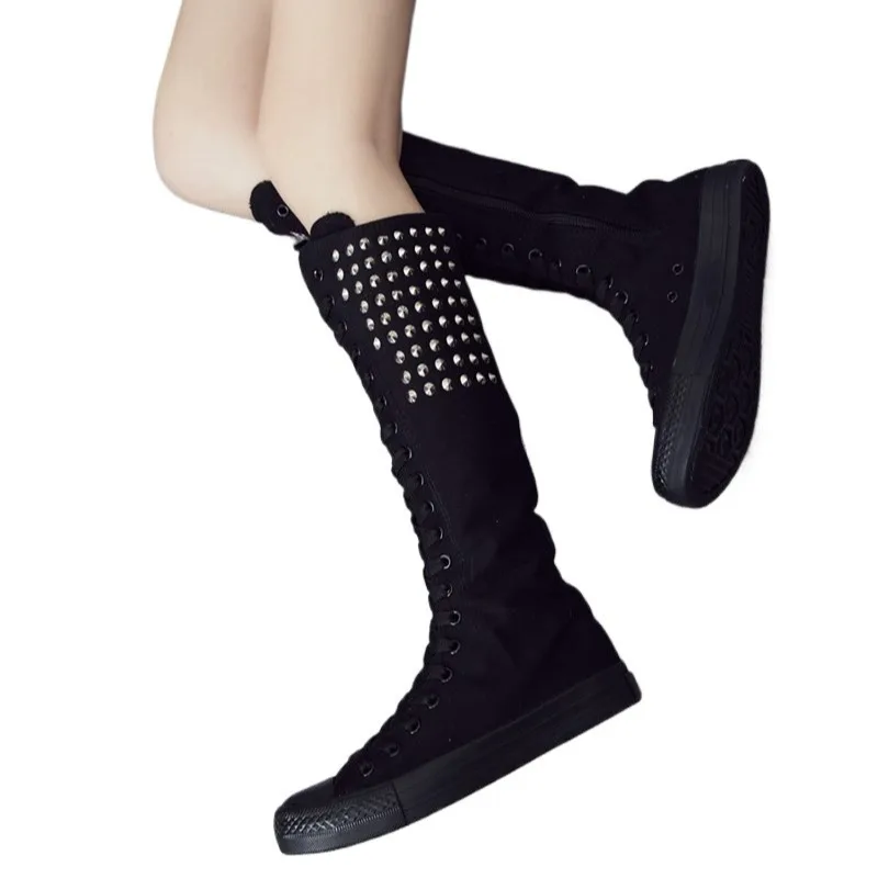 

Spring Long Rivet Breathable Hole Front Lace-up Side Zipper Canvas Shoes Casual Flat Inner Heightening Large Size Women Shoes