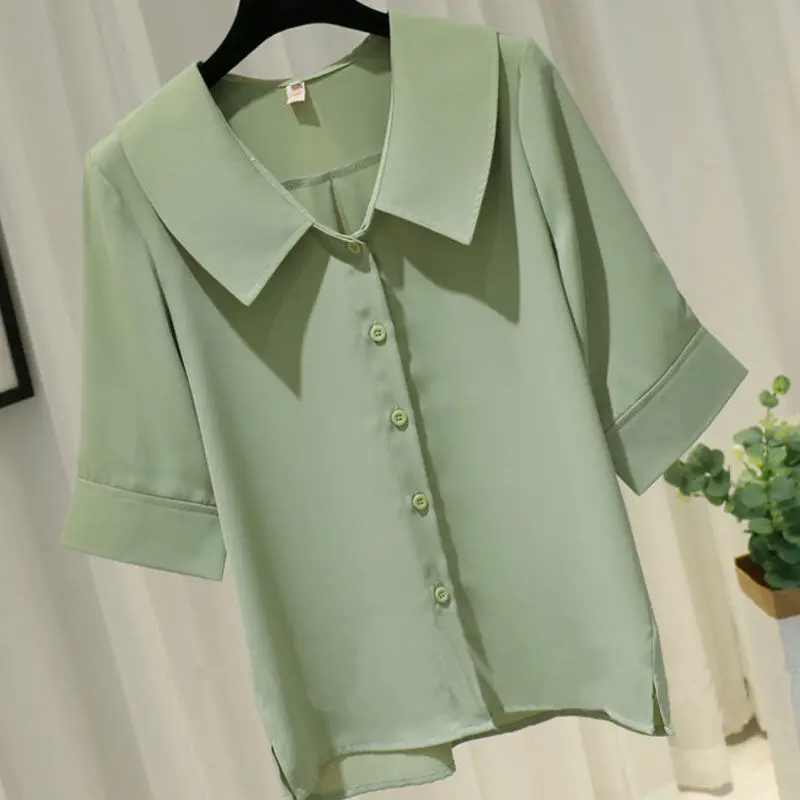 Elegant Chiffon Loose Shirt Tops Summer New Button Short Sleeve Polo Neck Solid Color Loose Blouse Casual Office Women Clothing