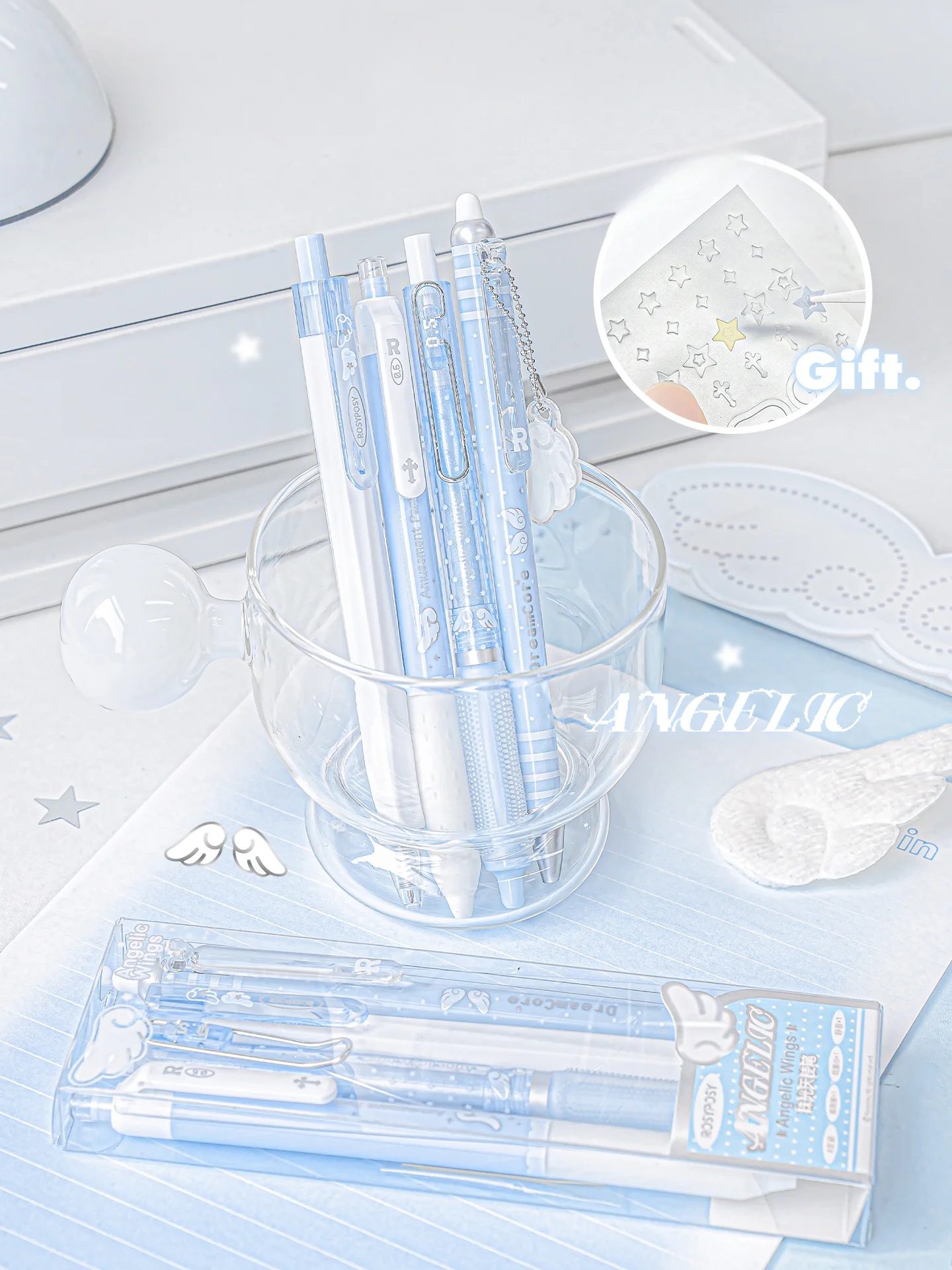 Angelic Series Pearl Angel Wings Gelstifte, süßer Engel, 4er-Pack, sanft schreibende 0,5-mm-Kugelschreiber, Tintenroller, schwarze Tinte, A3138 – Detail 4