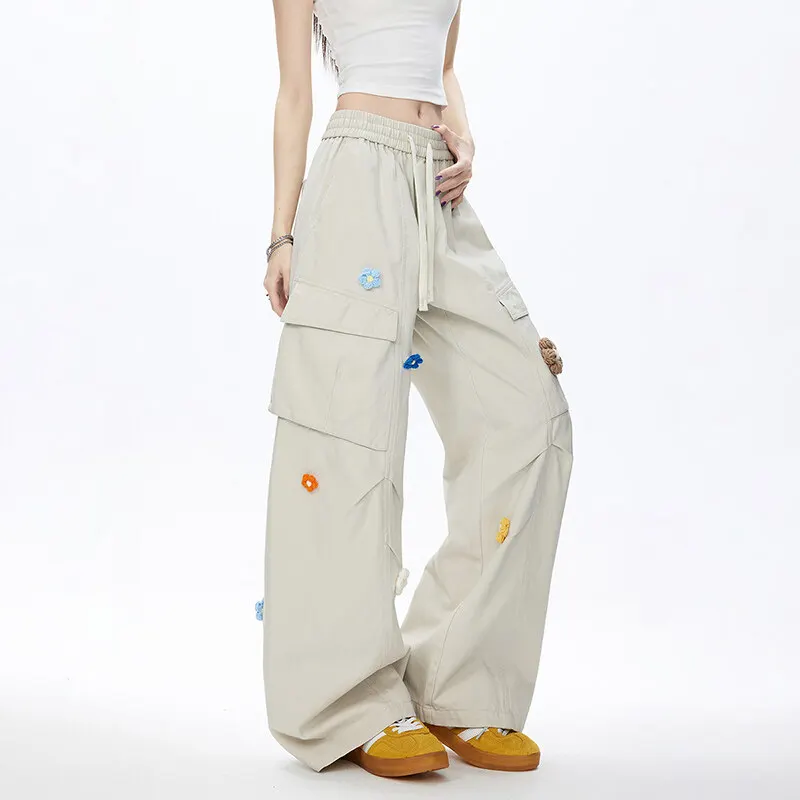 100% سراويل البضائع القطنية خمر الزهور الجيش الأخضر الفضفاضة Y2k Harajuku Sweatpants ملابس العمل الكورية السراويل للجنسين ركض الملابس