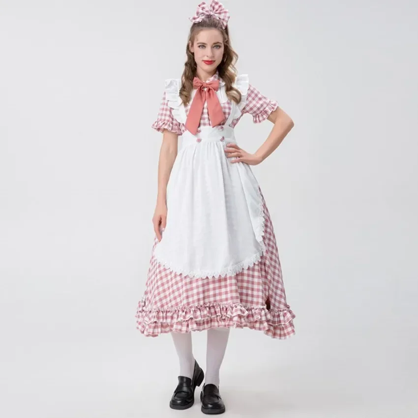 Costume de Demoiselle d'Halloween à Carreaux de Ferme Française, Tenue de Soirée Traditionnelle Allemande et Bavaroise, 4 Couleurs